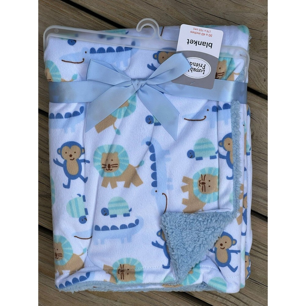 Luvable Friends Baby Boy Plush Blanket with Faux Shearling Back Monkey Lion Blue